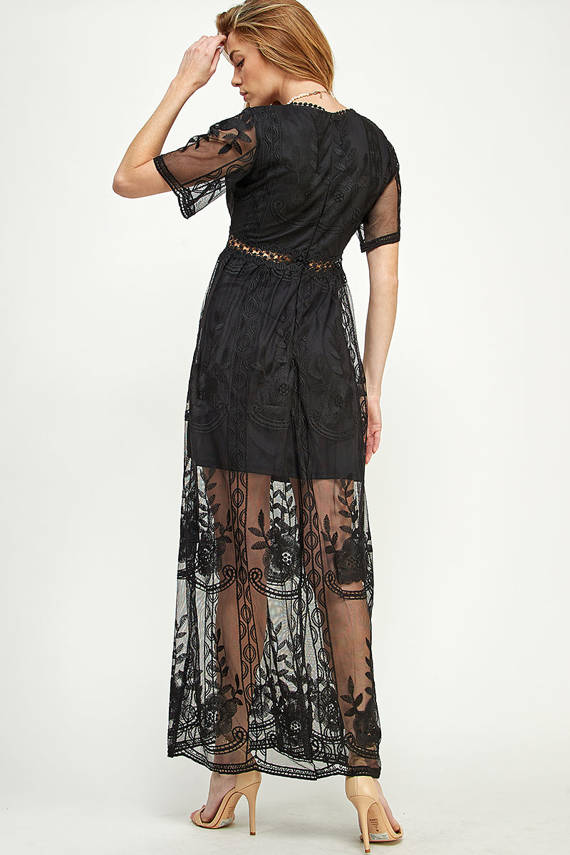 SD0204 LACE SHORT SLEEVE V-NECK MAXI DRESS