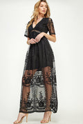 SD0204 LACE SHORT SLEEVE V-NECK MAXI DRESS