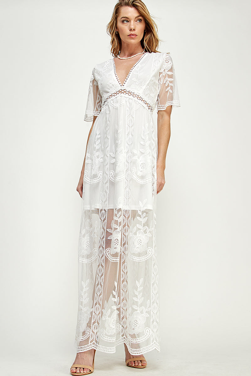 SD0204 LACE SHORT SLEEVE V-NECK MAXI DRESS