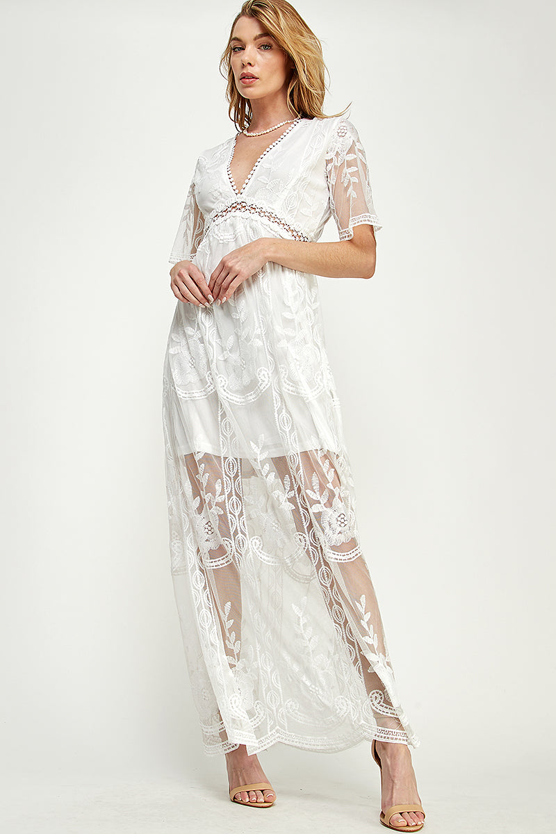 SD0204 LACE SHORT SLEEVE V-NECK MAXI DRESS