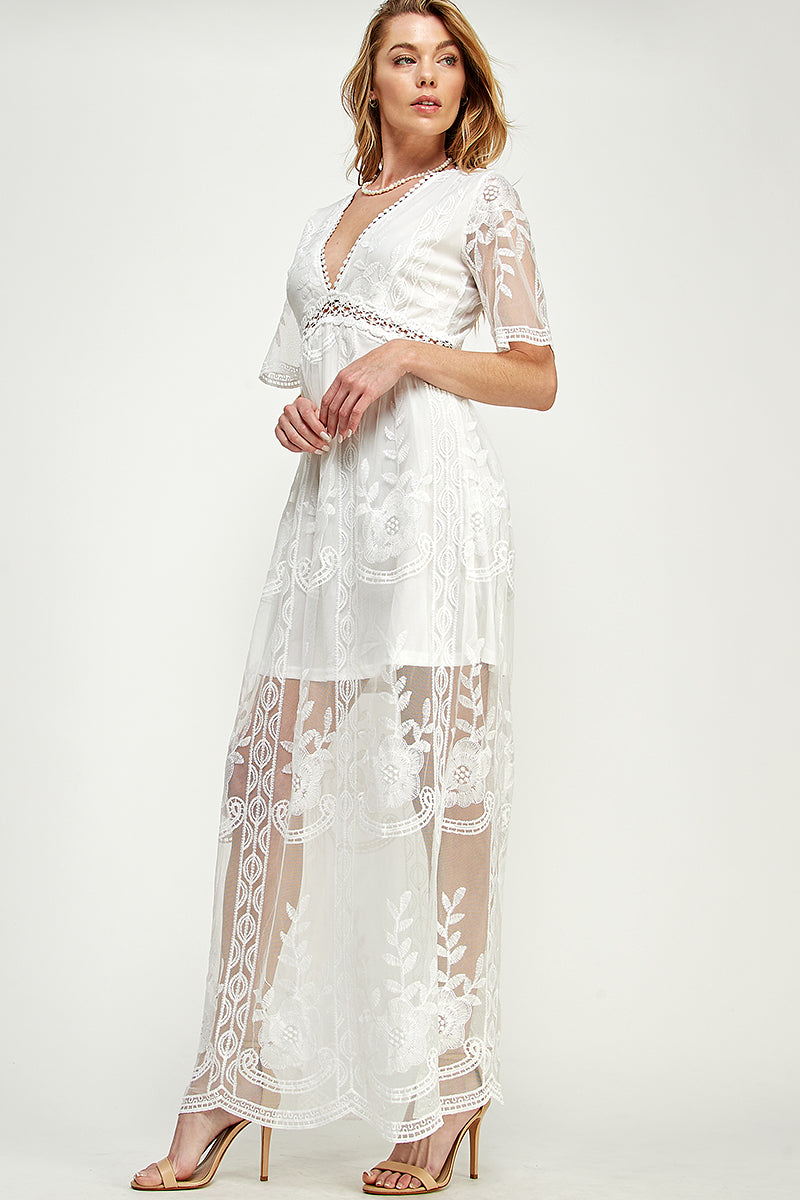 SD0204 LACE SHORT SLEEVE V-NECK MAXI DRESS