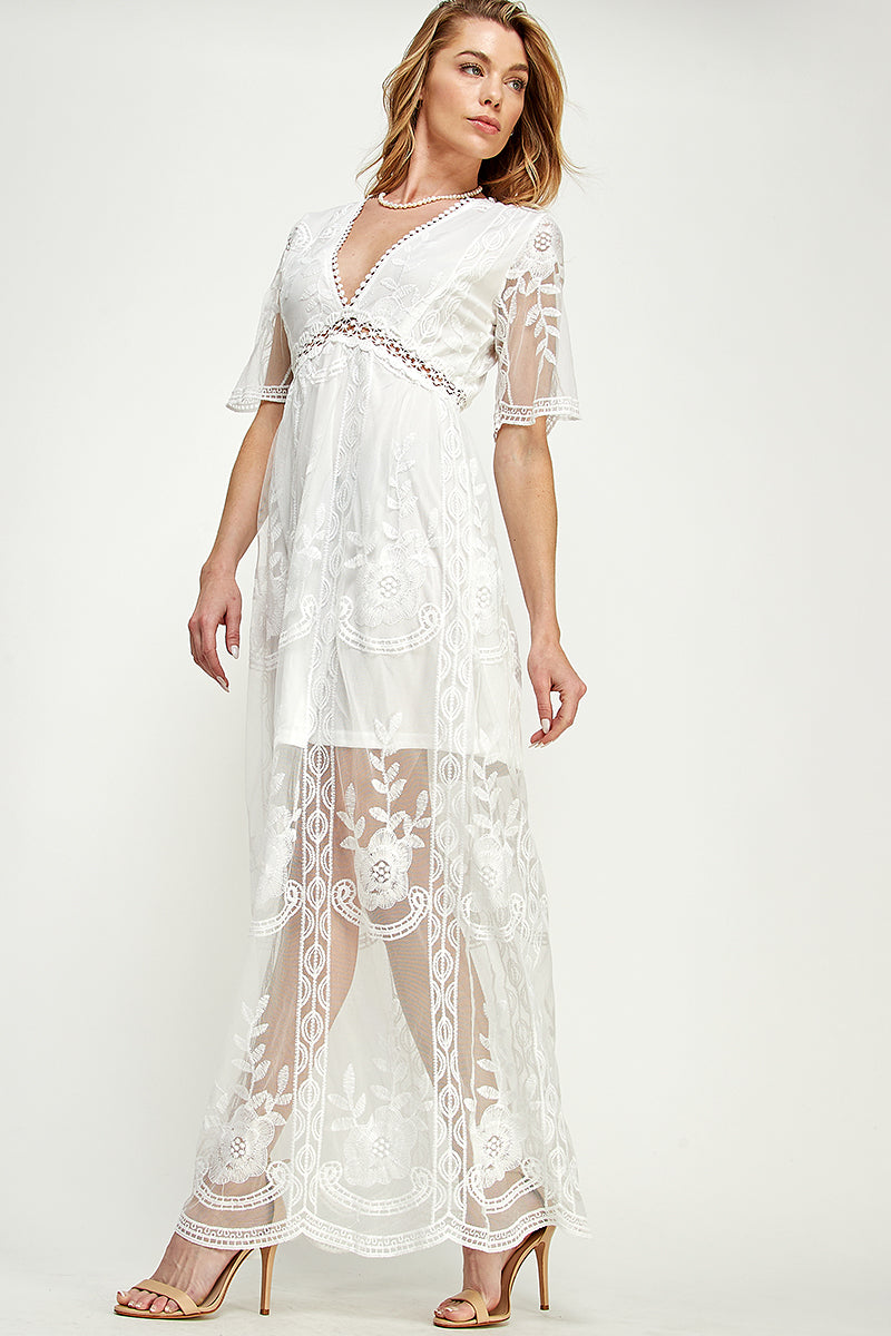 SD0204 LACE SHORT SLEEVE V-NECK MAXI DRESS