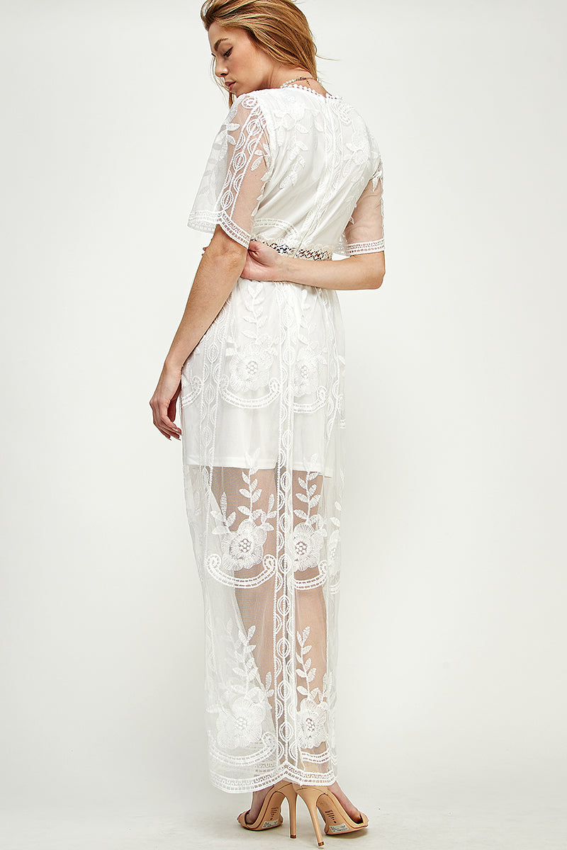 SD0204 LACE SHORT SLEEVE V-NECK MAXI DRESS