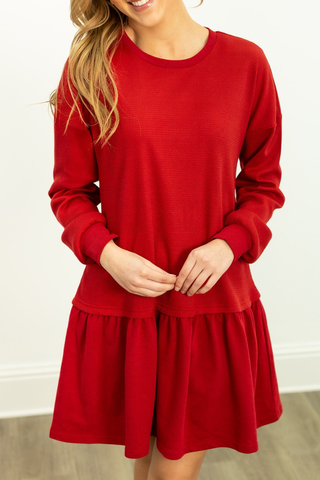 Waffle Knit Long-Sleeve Dress, Red