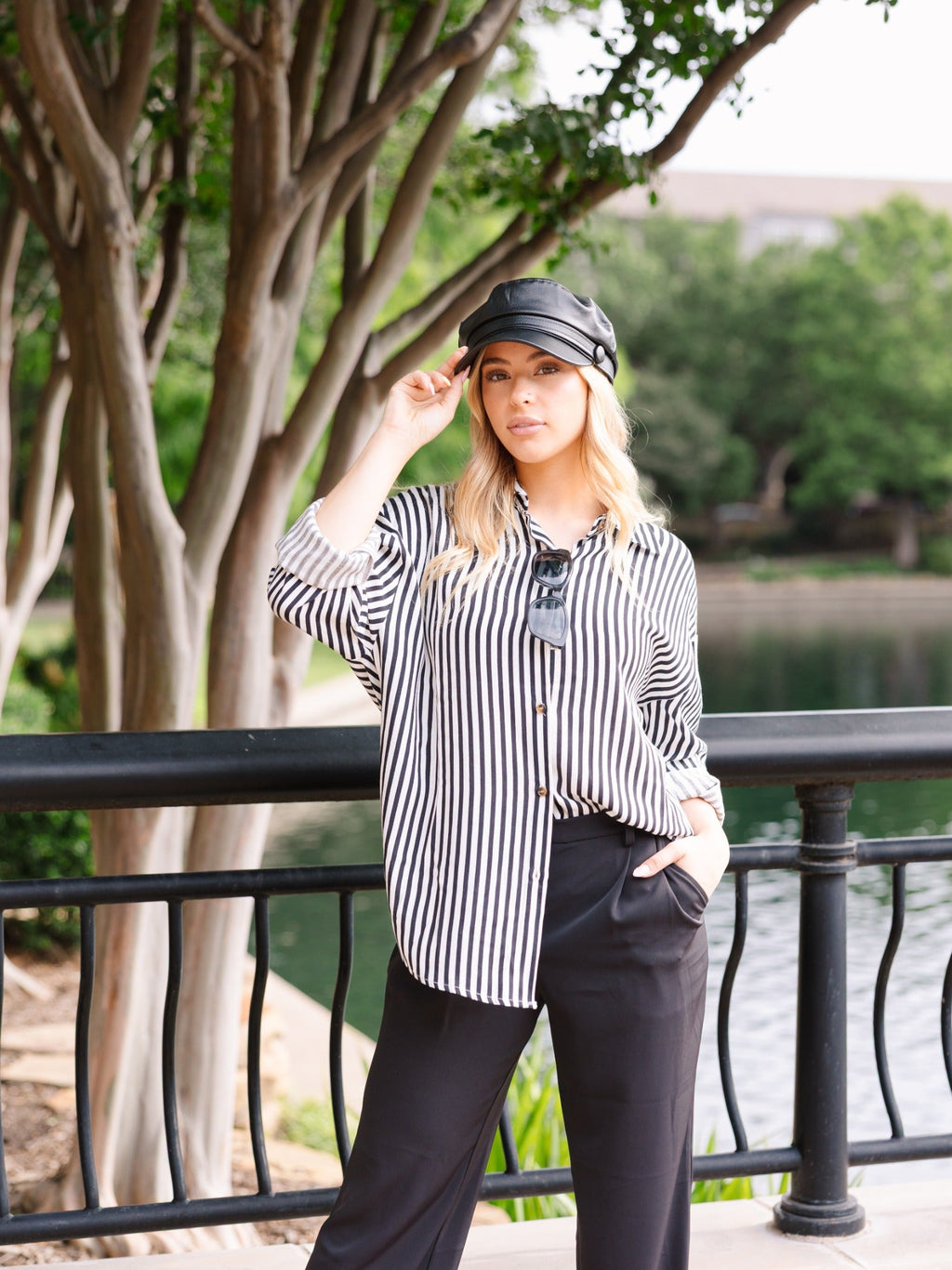 Kathryn Classic Button-Up, Black Stripes