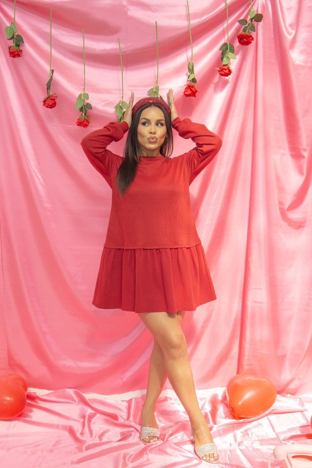 Waffle Knit Long-Sleeve Dress, Red