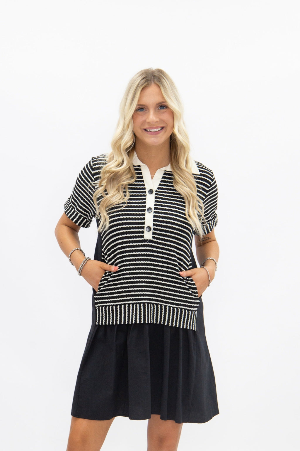 Striped Knit Top with Attached Skirt, Black