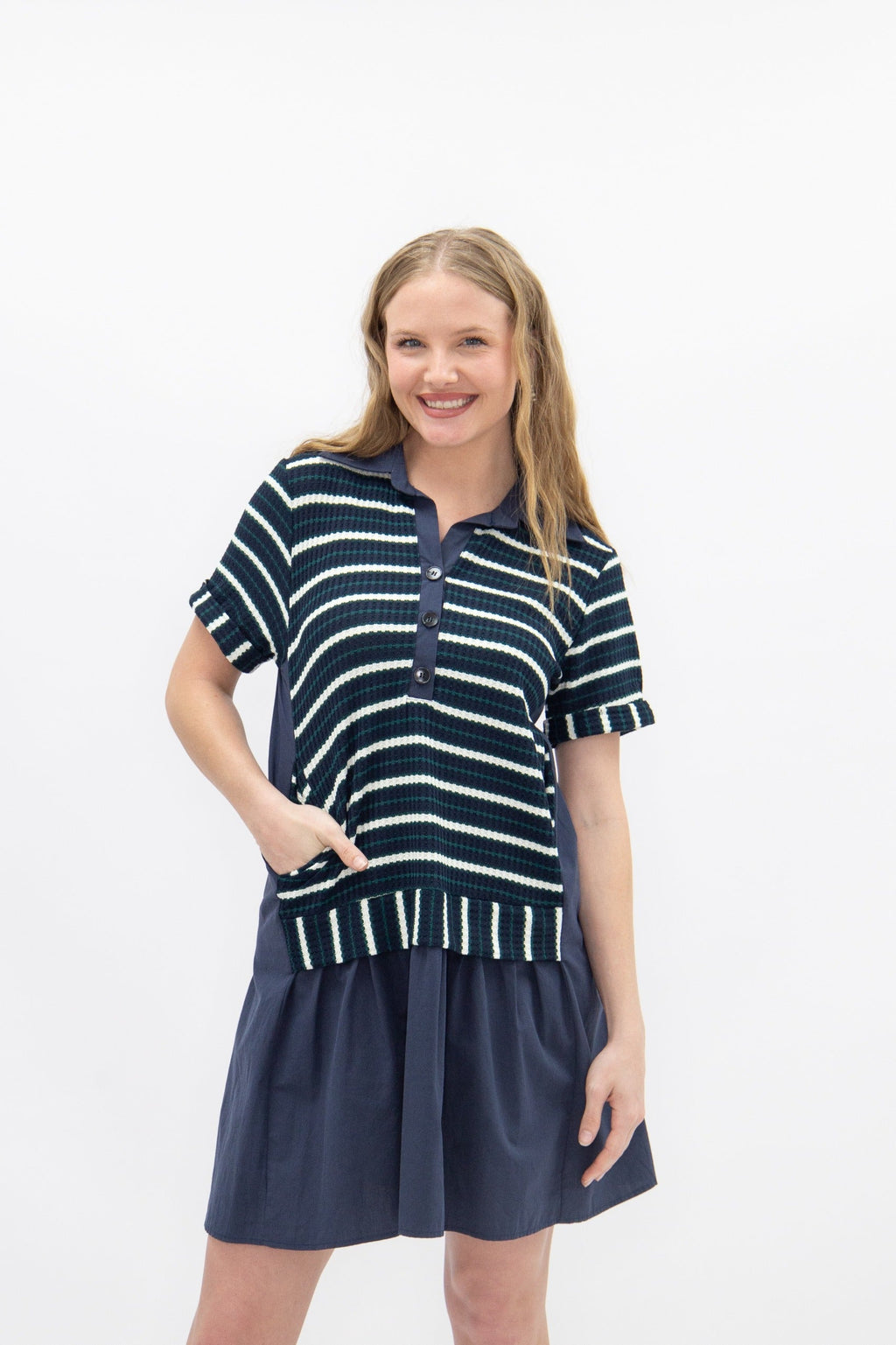Striped Knit Top with Attached Skirt, Navy