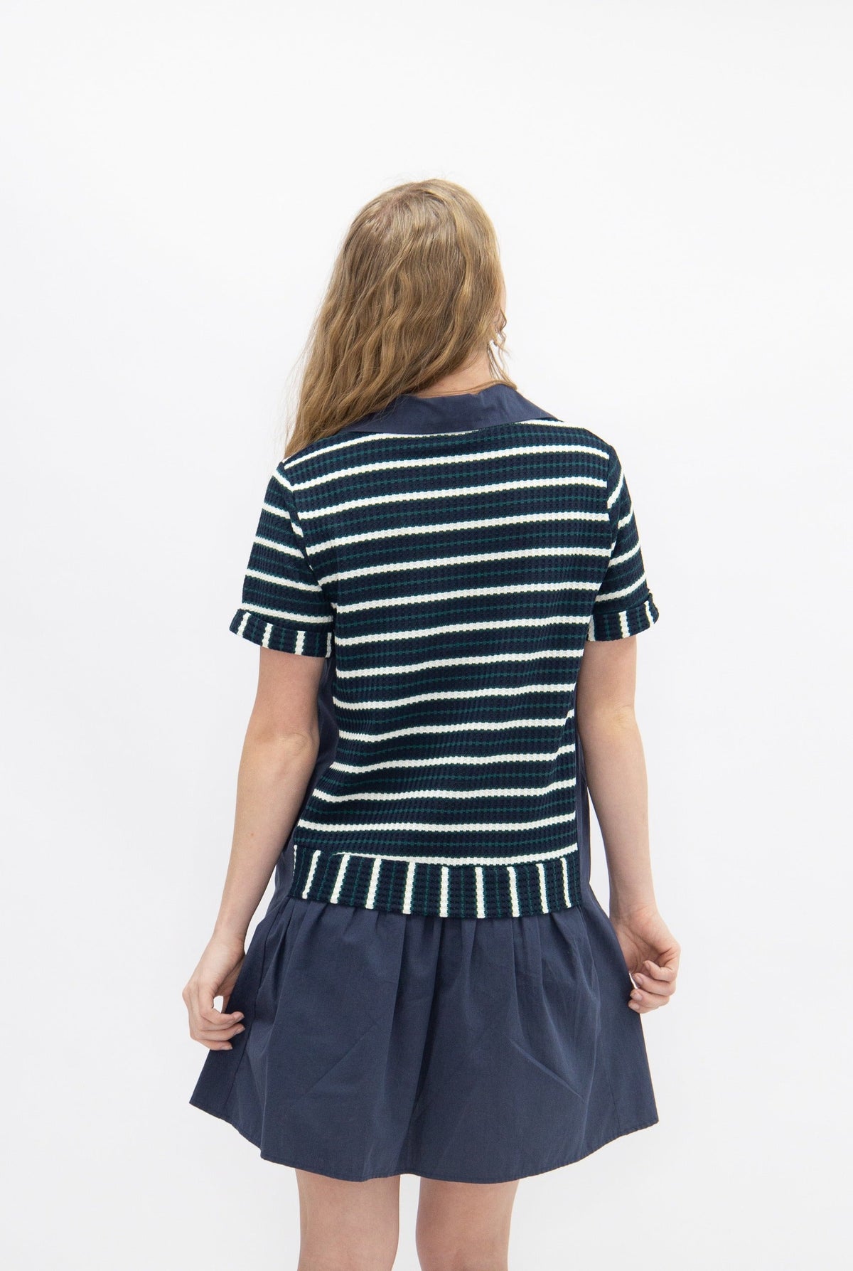 Striped Knit Top with Attached Skirt, Navy