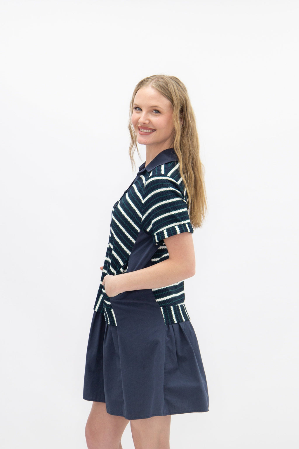 Striped Knit Top with Attached Skirt, Navy