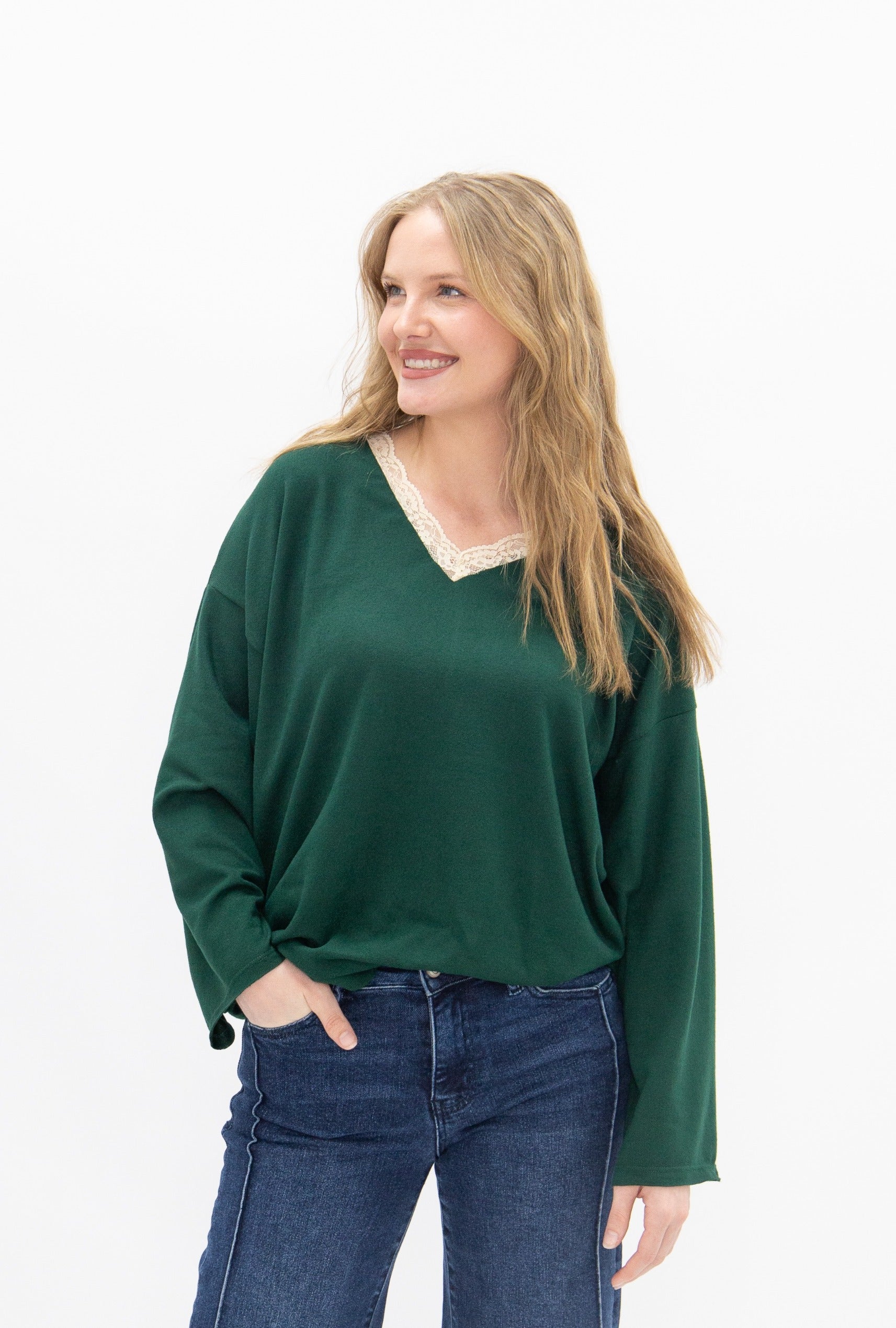V-Neck Top with Lace Trim, Forest Green