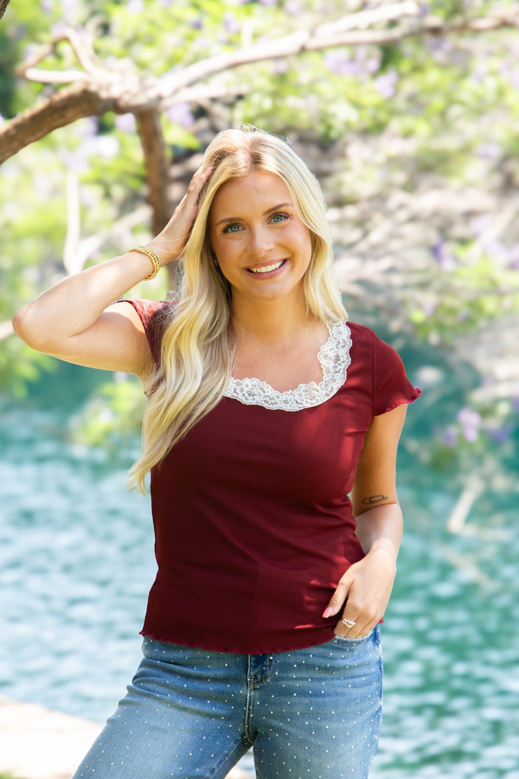 Square Neck Tee with Lace Trim, Maroon