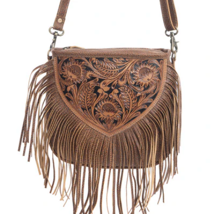 Hand Tooled Fringe Bag Western Leather Purse With Intricate Detailing
