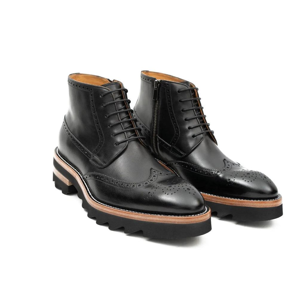 Black Wingtip Ankle Boots with Brown-Band Ridged Sole