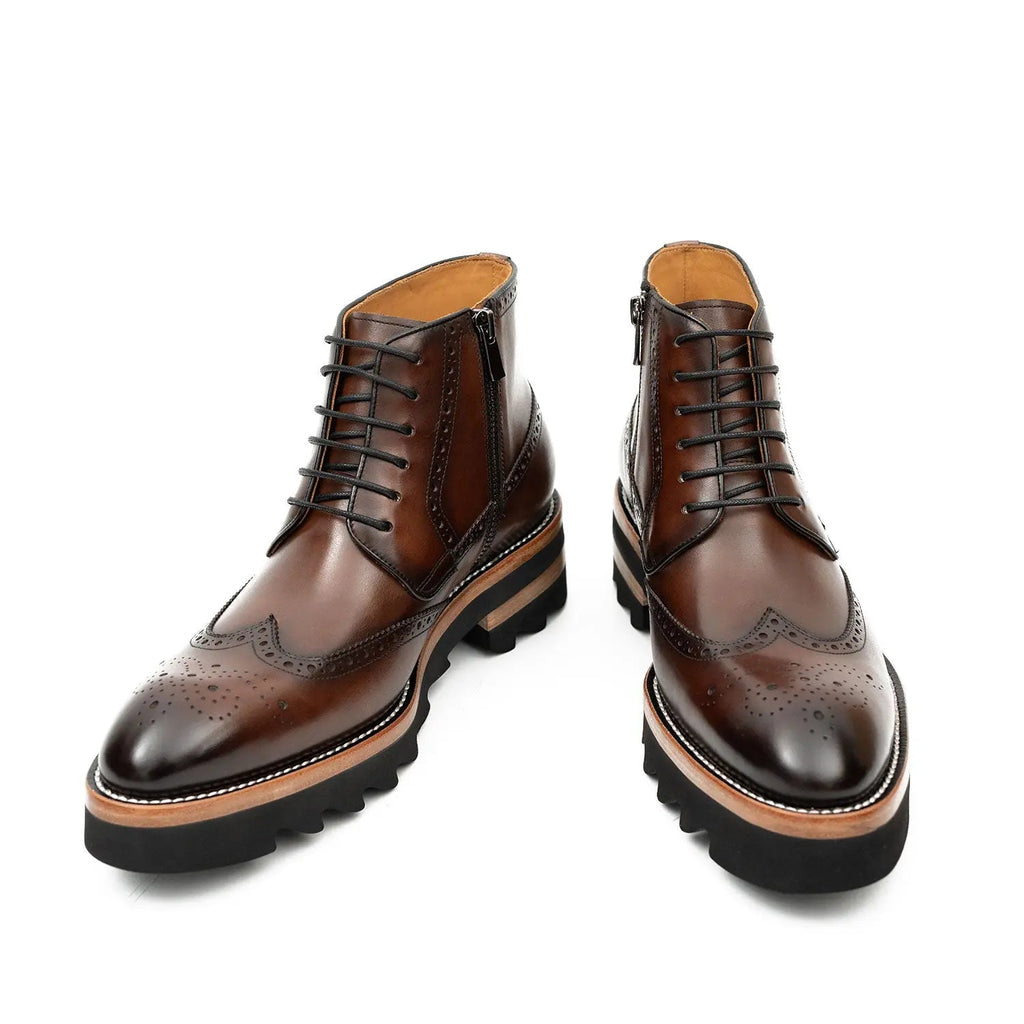 Brown Wingtip Ankle Boots with Side Zipper and Ridged Sole