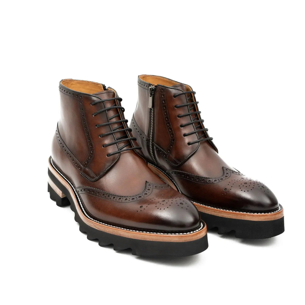 Brown Wingtip Ankle Boots with Side Zipper and Ridged Sole