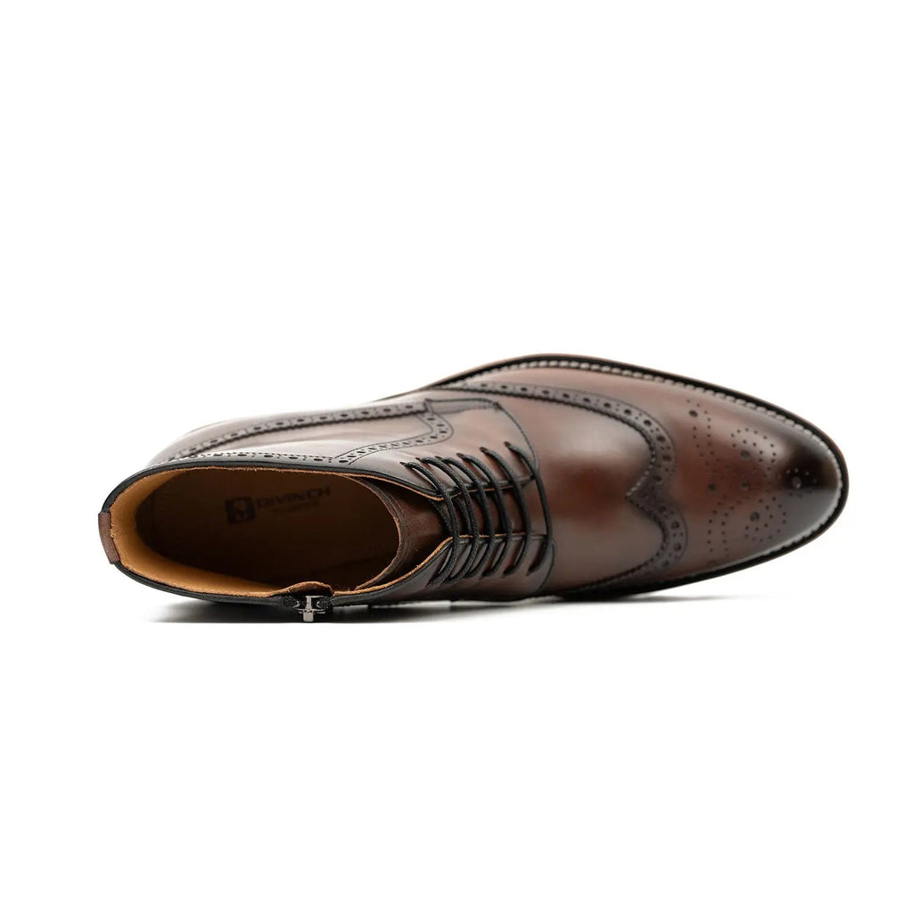 Brown Wingtip Ankle Boots with Side Zipper and Ridged Sole
