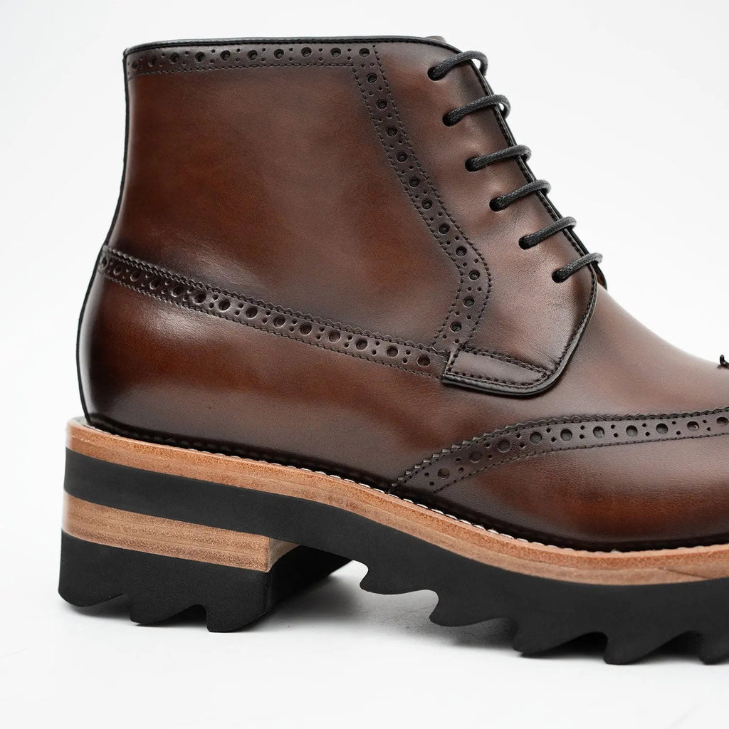 Brown Wingtip Ankle Boots with Side Zipper and Ridged Sole