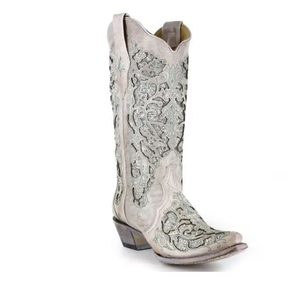 Rhinestone Hollow Out Flower Cowgirl Boots Western High Heel