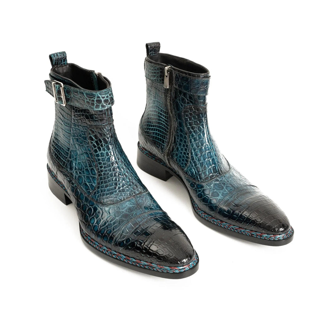 Dark Teal Textured Zip and Buckle Ankle Boot