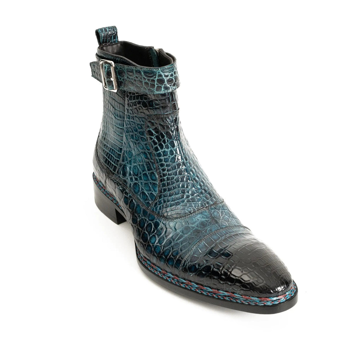 Dark Teal Textured Zip and Buckle Ankle Boot