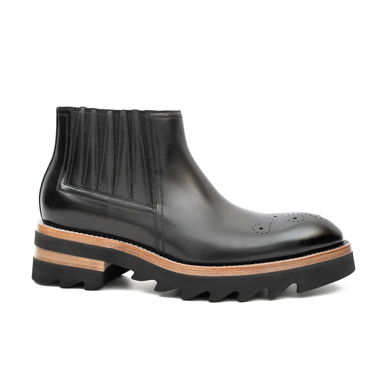 Black Round-Toe Chelsea Boots with Ribbed Panels