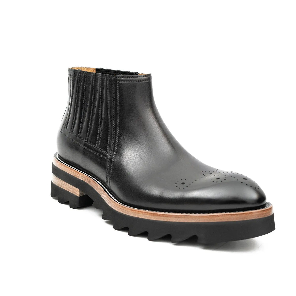 Black Round-Toe Chelsea Boots with Ribbed Panels