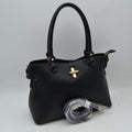 Textured Top Handle Handbag with Metallic Turn-Lock Accent