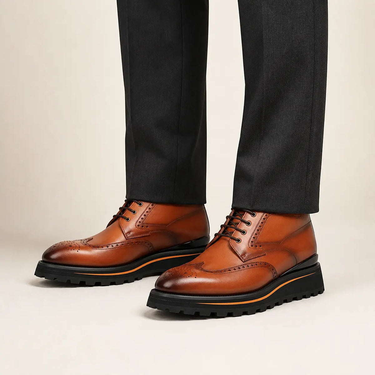 Orange-Brown Wingtip Lace-Up Ankle Boots with Metal Eyelets