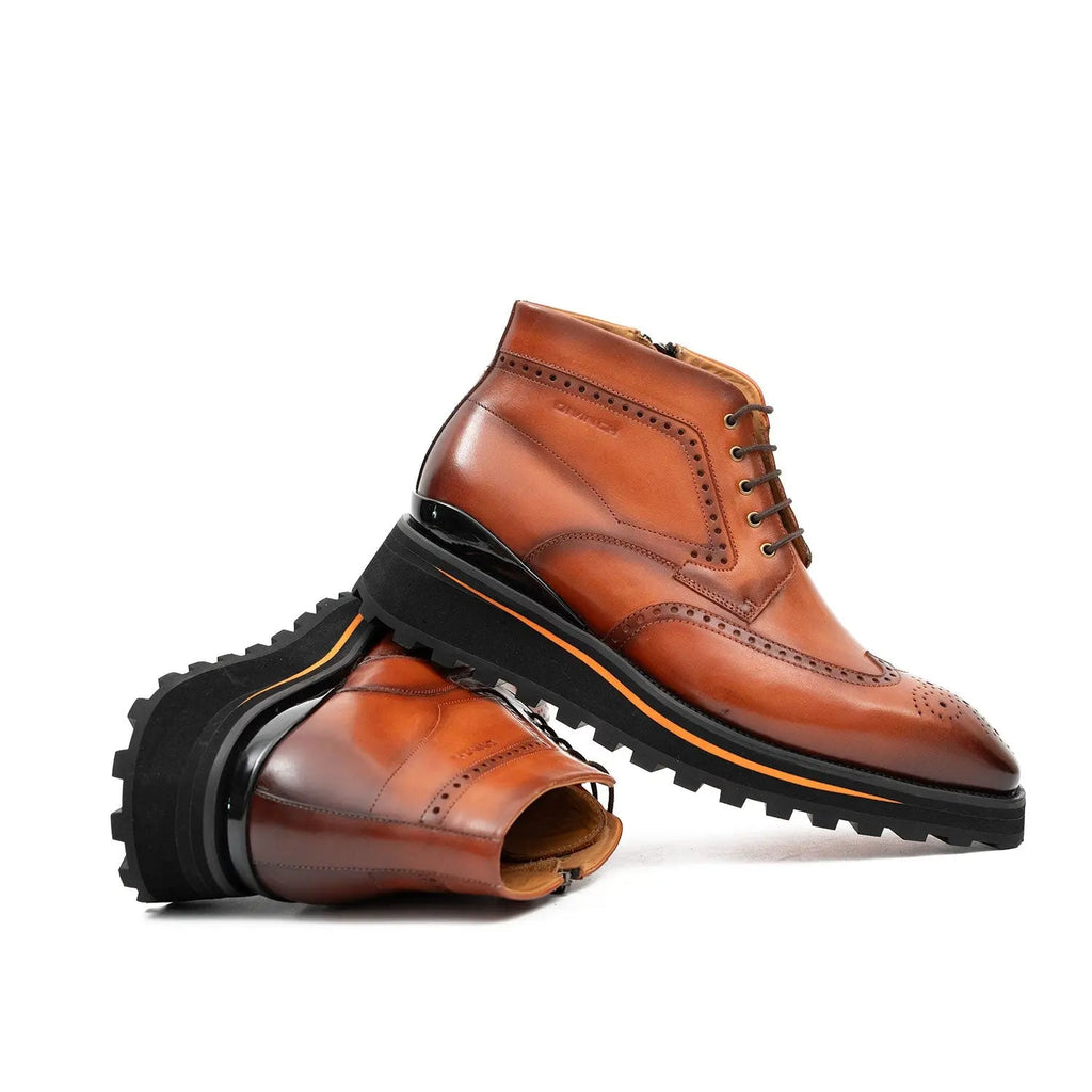 Orange-Brown Wingtip Lace-Up Ankle Boots with Metal Eyelets