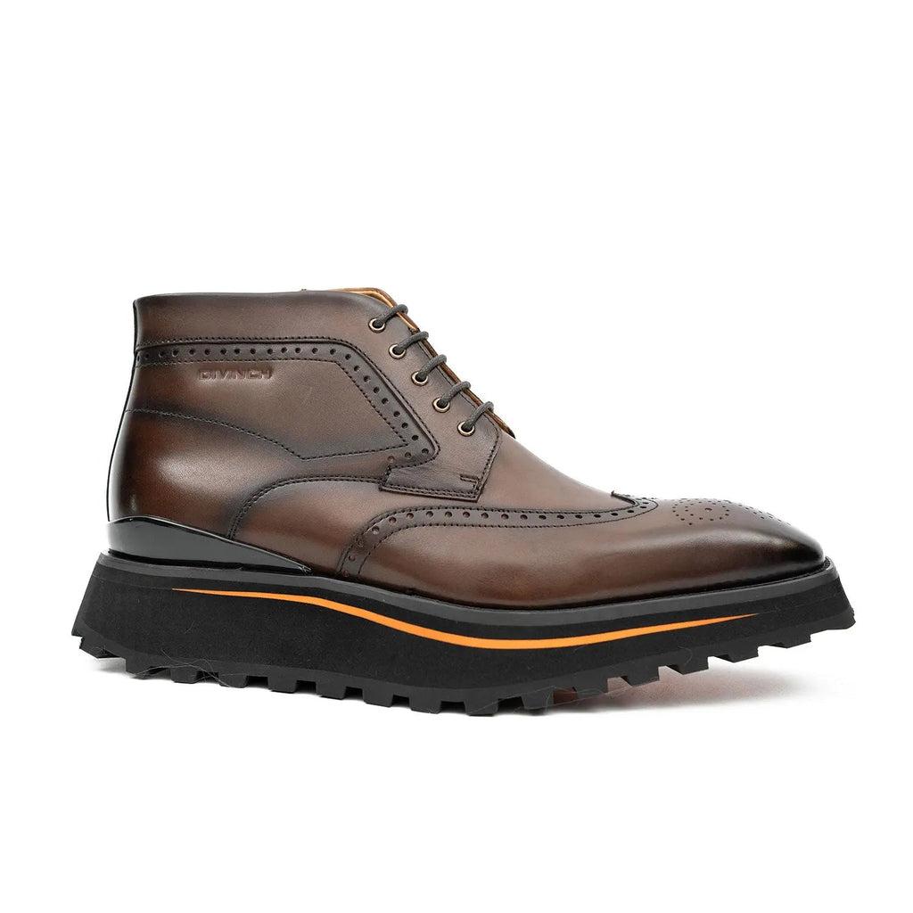Brown Wingtip Lace-Up Ankle Boots with Side Zipper