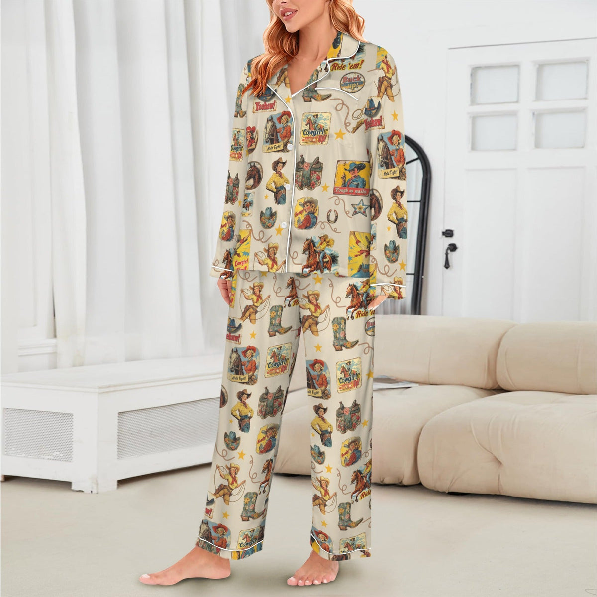 Baha Ranch Vintage Cowgirl Collage Western Rodeo Satin Pajamas