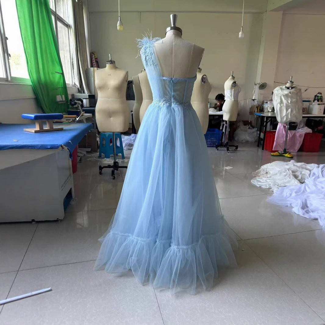 Blue One-shoulder Feather Derby Dress