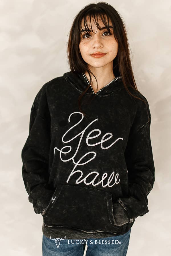 Black Mineral Wash Yeehaw Embroidered Detail Hoodie XL-3XL