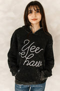 Black Mineral Wash Yeehaw Embroidered Detail Hoodie