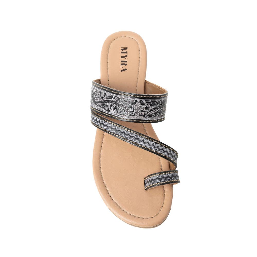 Rangeland Embossed Floral Toe-Loop Leather Sandals – Black
