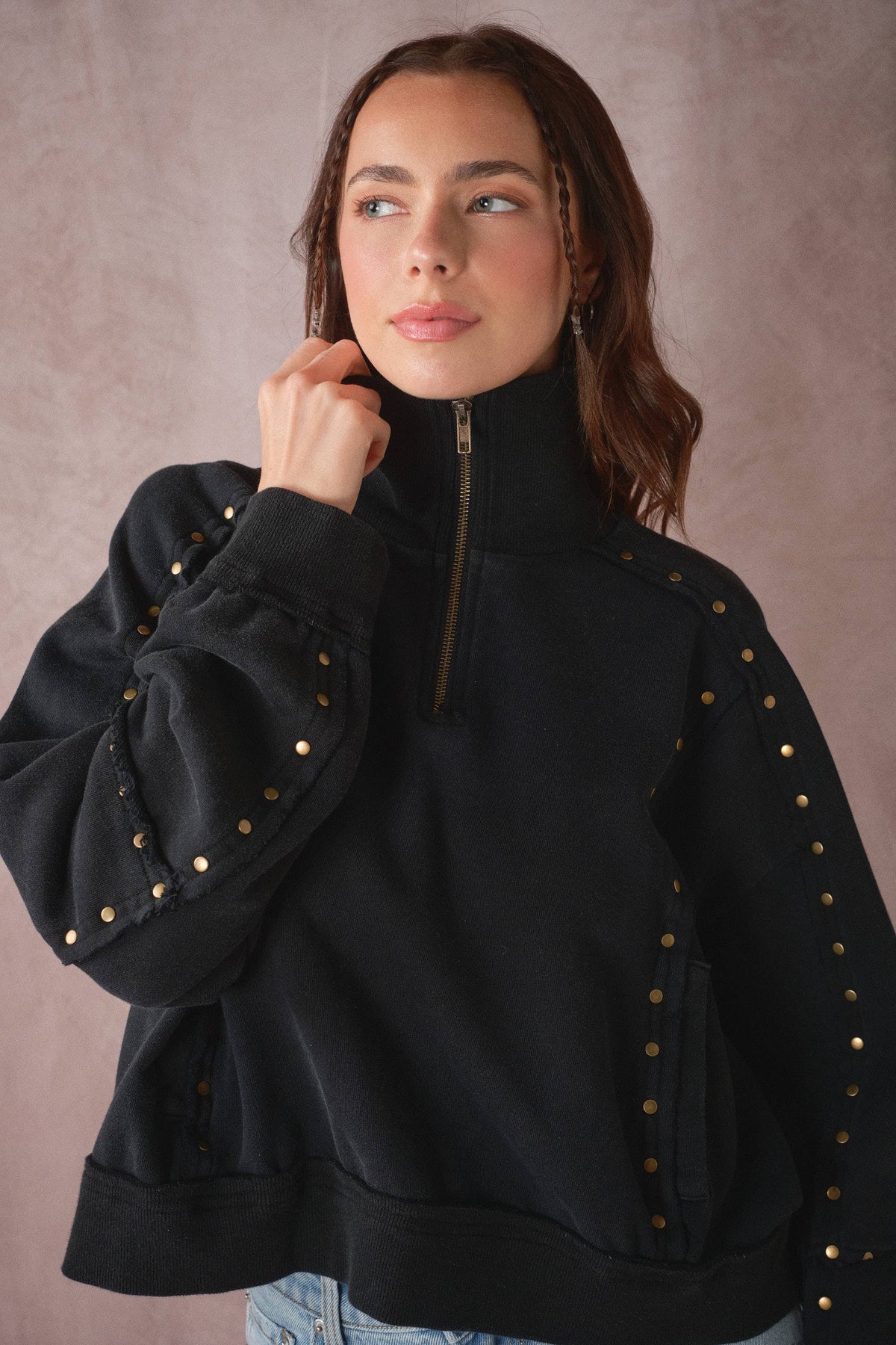 Studded Half-Zip Sweatshirt Black & Cream