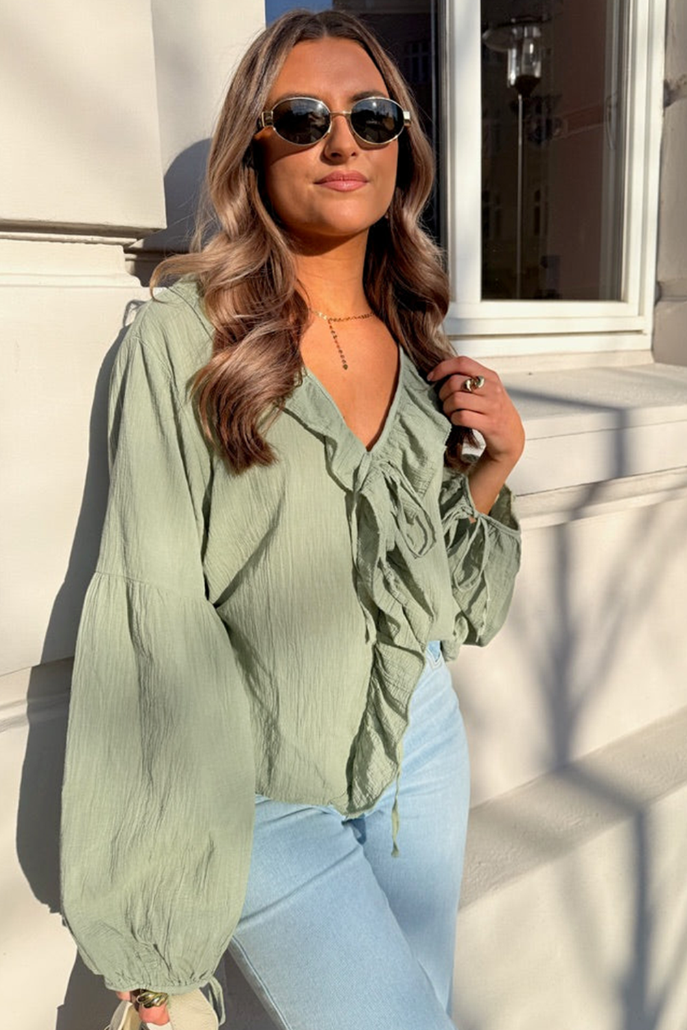 Meadow Mist Green Bow Tie Front Ruffle Trim V Neck Long Sleeve Blouse