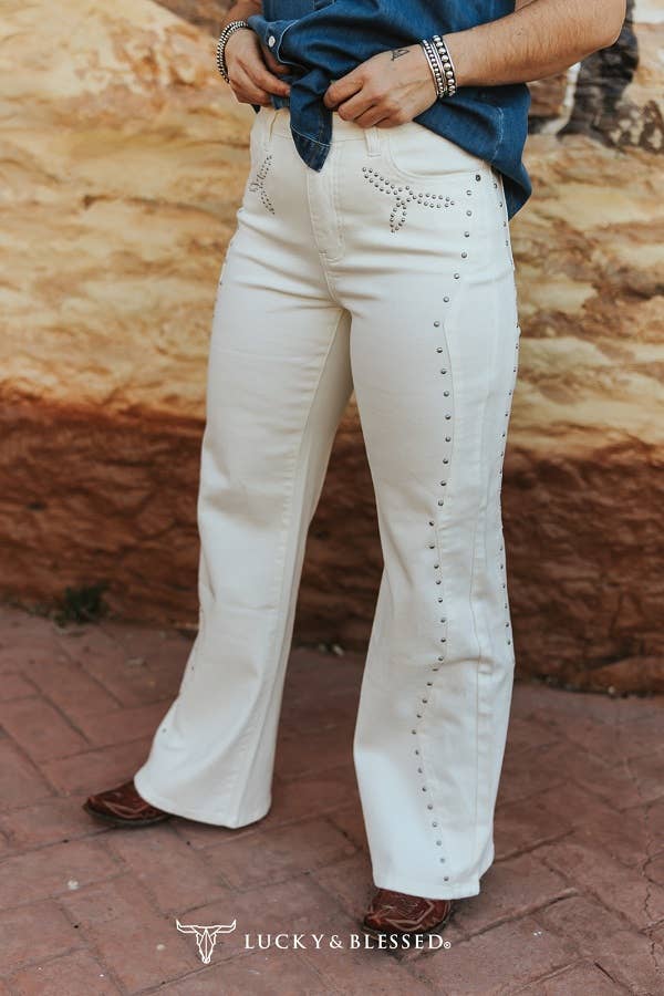 Ivory Western Vintage Studded HighRise Wide Leg Jeans