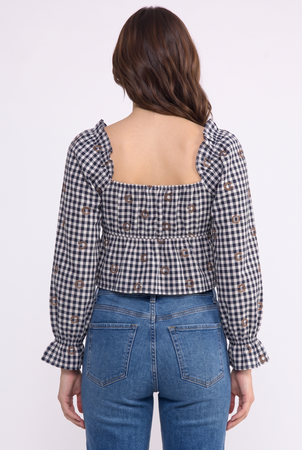 Gingham Eyelet Peplum Horseshoe Embroidery Top