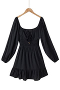 Black Solid Color Long Sleeve Shirred Drawstring Ruffle Mini Dress