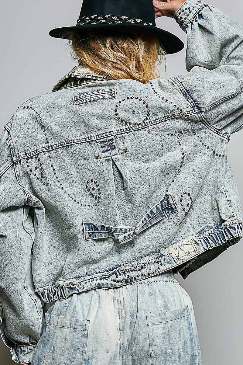 “Pretty in Pink” Studded Vintage Cropped Zip-Front Jacket