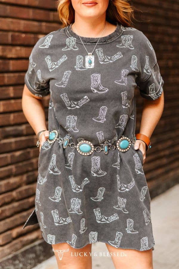 Grey Charcoal Mineral Washed Western Boots Printed Dress XL-3XL