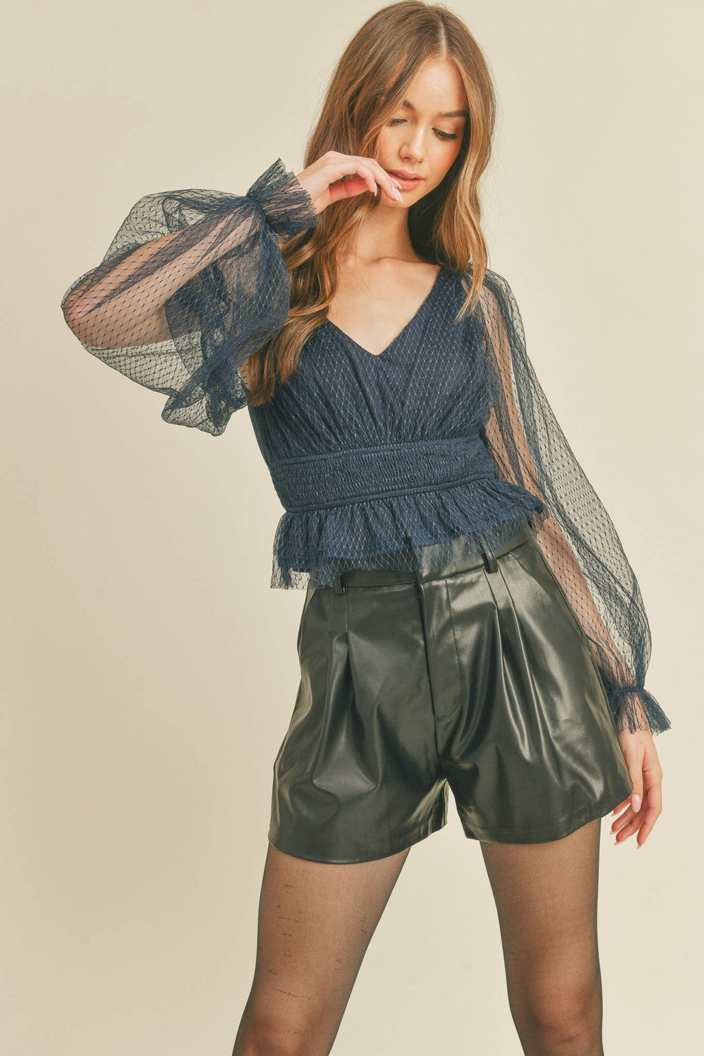 SMOCKED WAIST PEPLUM HEM TOP