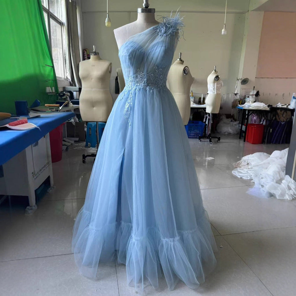 Blue One-shoulder Feather Derby Dress