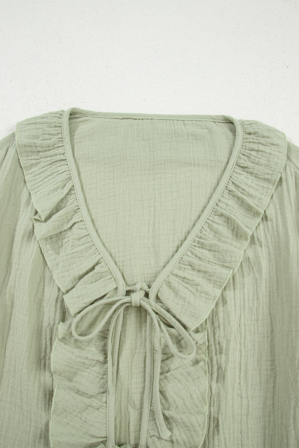 Meadow Mist Green Bow Tie Front Ruffle Trim V Neck Long Sleeve Blouse
