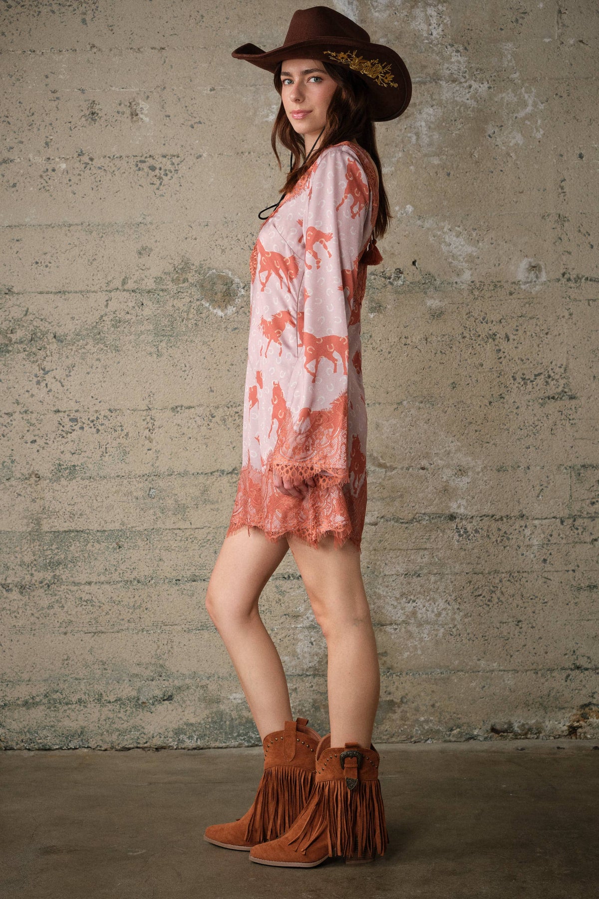Western Horse Print Satin Lace Dress