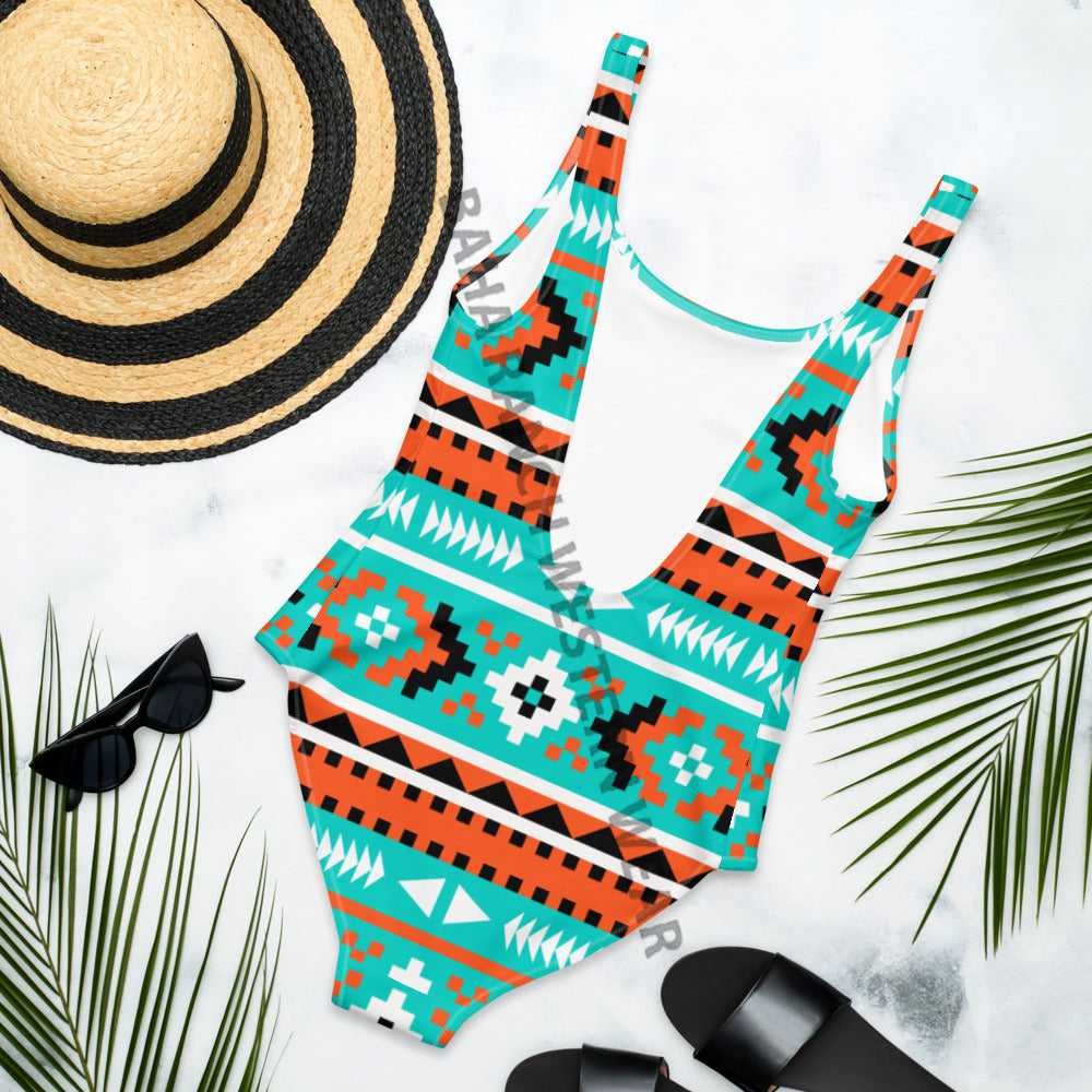 Baha Ranch Yeehaw Turquoise Orange Aztec One-Piece Swimsuit