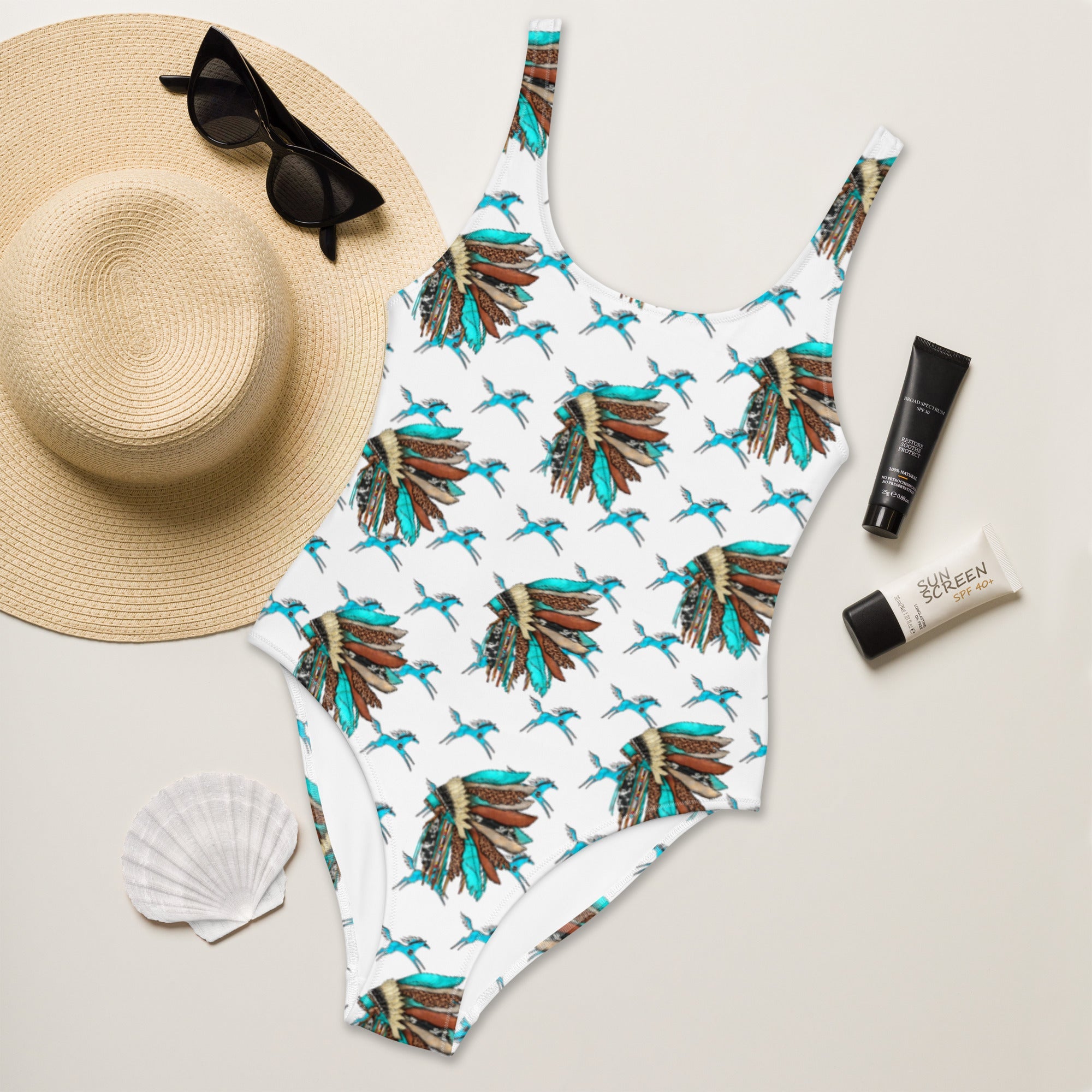 Baha Ranch Yeehaw Turquoise Running Horse Headdress One-Piece Swimsuit