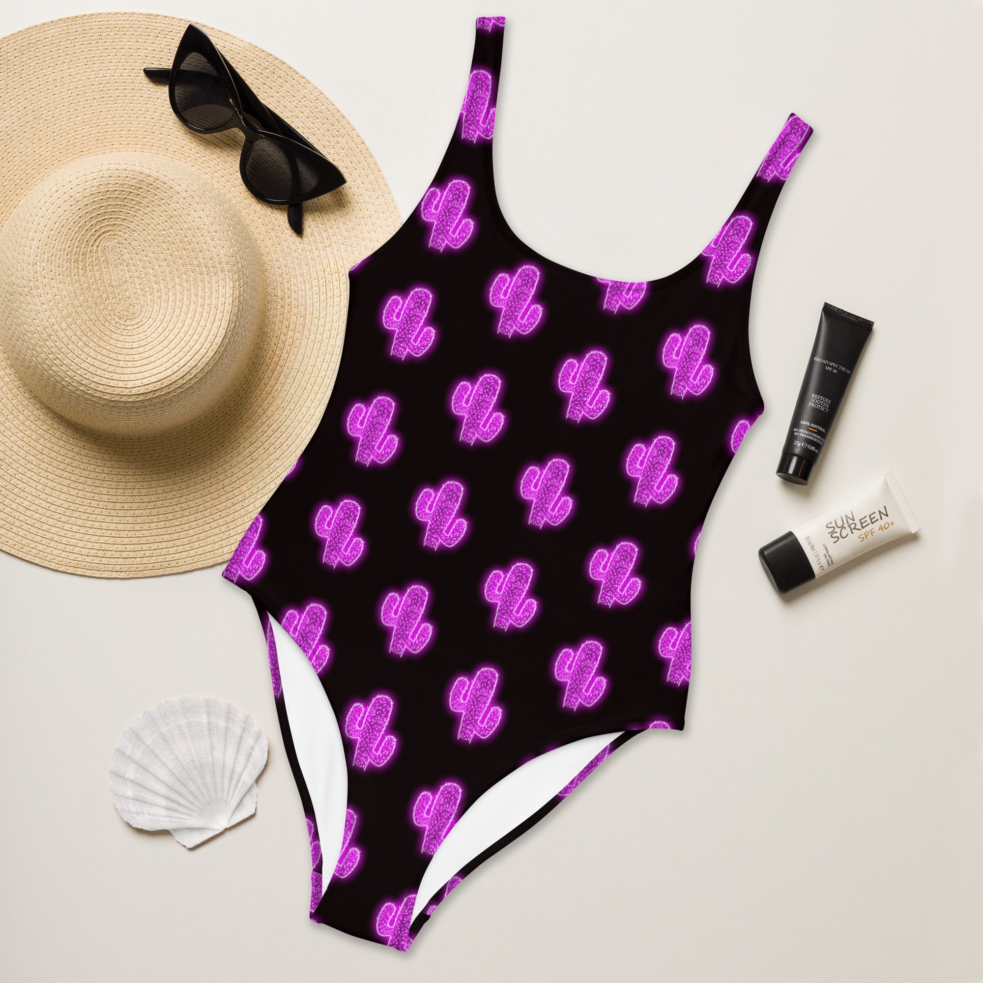 Baha Ranch Yeehaw Purple Neon Cactus One-Piece Swimsuit